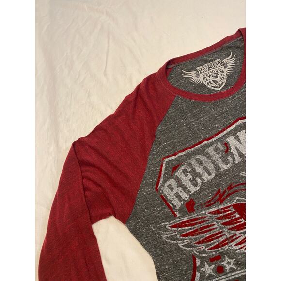 Raw State Redemption Long Sleeve Ragland T-shirt Gray Red Mens XXL NWT Velvet - Picture 5 of 14